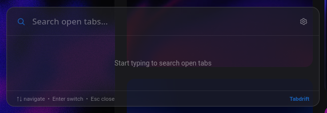Tabdrift's search overlay open over a webpage